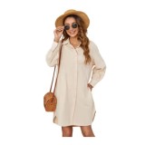 Rochie din bumbac pentru femei cu m&acirc;neci lungi și buzunare &ndash; Apricot XL