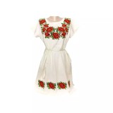 Cumpara ieftin Rochie traditionala midi crem cu motiv floral rosu- RTM59
