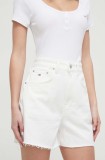 Tommy Jeans pantaloni scurți femei, culoarea bej, uni, high waist DW0DW17779