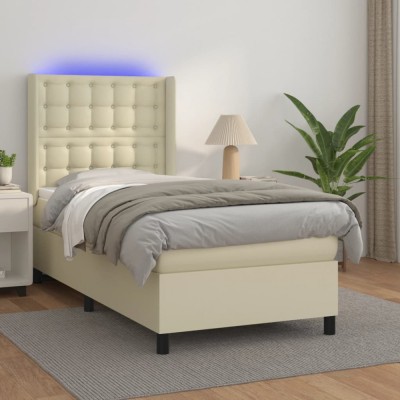 vidaXL Pat cu arcuri, saltea și LED, crem, 100x200 cm, piele ecologică 3139369 foto