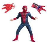 Cumpara ieftin Costum Spiderman Copii cu Muschi, 5-7 Ani, 2 Lansatoare, Avengers, Poliester, Rosu