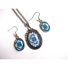 Set bijuterii sticla cu model traditional pe albastru, 31899
