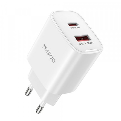 Incarcator Retea Yesido YC02E, 20W, 3A, 1 x USB-A - 1 x USB-C, Alb foto