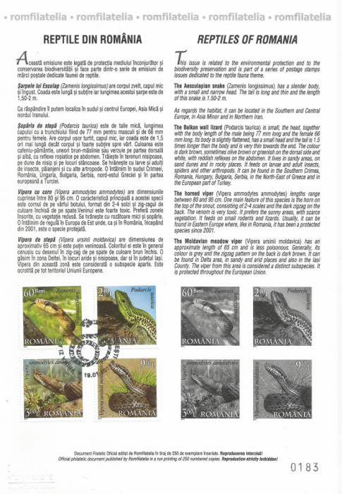 Romania, LP 1887b/2011, Reptile din Romania, carton filatelic