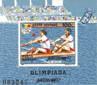 |Romania, LP 1290/1992, J.O. de Vara, Barcelona, colita dantelata, MNH foto