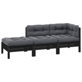 vidaXL Set mobilier grădină cu perne, 3 piese, negru, lemn masiv pin