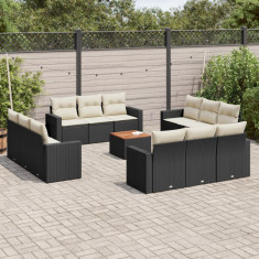 Set mobilier de gradina cu perne, 13 piese, negru, poliratan