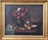 Andrei Constantin-Natură statică, cu flori, cărţi şi tuburi de culori, pictură pe p&acirc;nză (1998)
