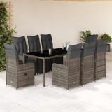 Set bistro de grădină cu perne, 9 piese, gri, poliratan