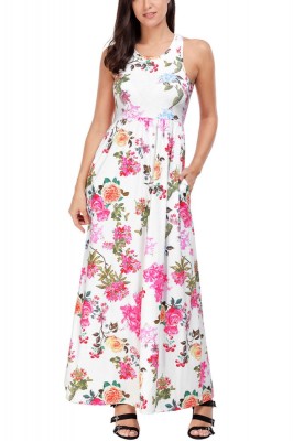 D587-219 Rochie boho cu imprimeu floral colorat si buzunare foto