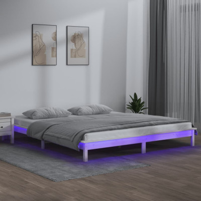 Cadru de pat cu LED King Size 5FT, alb, 150x200 cm, lemn masiv foto