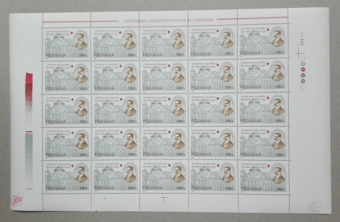TIMBRE ROM&Acirc;NIA LP1453/1998 CENT. SOC. ROM&Acirc;NE DE CHIRURGIE COALĂ 25 timbre MNH