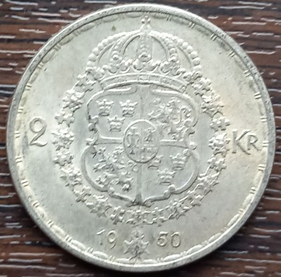 (A919) MONEDA DIN ARGINT SUEDIA - 2 KRONOR 1950, LIT. TS, REGELE GUSTAV V foto