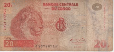 B11 - Bancnota foarte veche - Congo - 20 franci - 1997 foto