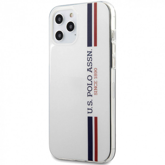Husa TPU U.S. Polo Tricolor Vertical Stripes pentru Apple iPhone 12 Pro Max, Alba USHCP12LPCUSSWH