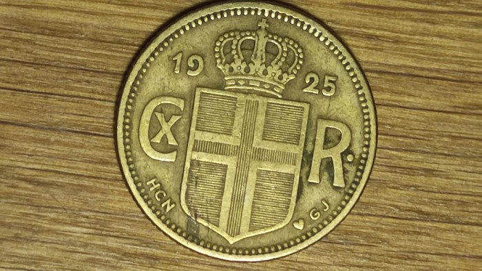 Islanda - moneda de colectie rara - 1 krona / coroana 1925 HCN; GJ - tiraj 250k