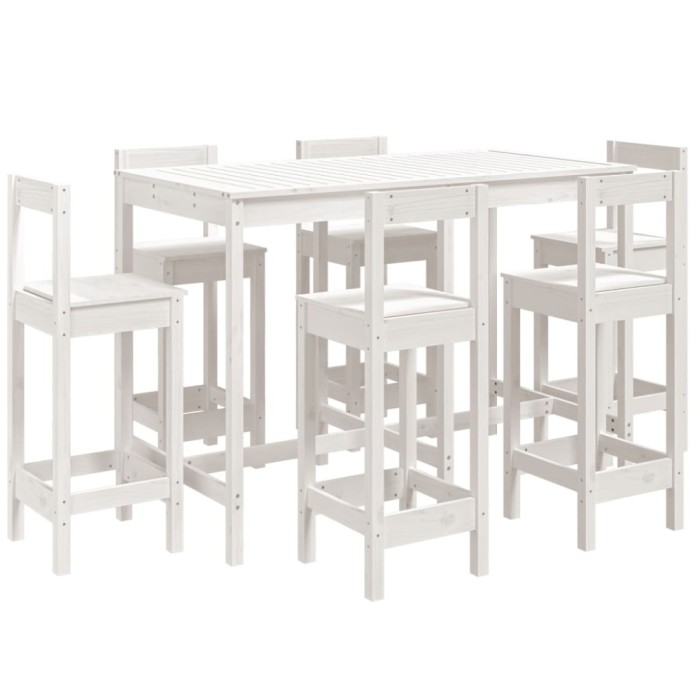 Set bar de gradina, 7 piese, alb, lemn masiv de pin