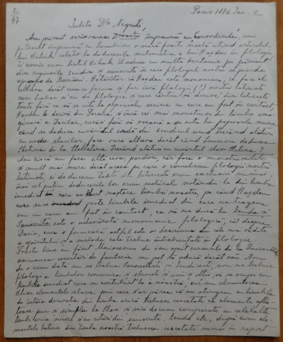 Scrisoare Gh. Panu catre Iacob Negruzzi, Paris, 1876, 20 pagini, 1876, Junimea