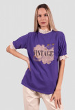 Bluza Vintage mov cu maneca scurta, imprimeu si dantela la gat si maneci, L, M, Bebe Plus