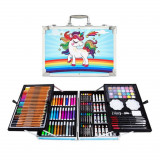 Cumpara ieftin Set 145 piese pentru pictura, pentru copii sau adulti, pixuri de colorat, creioane colorate si vopsele de pictura, cu geanta de transport ALBASTRU UNI, AVEX