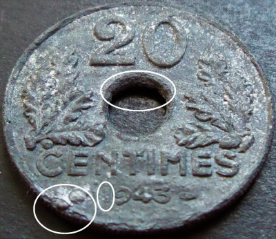 Moneda istorica 20 CENTIMES - FRANTA, anul 1943 *cod 1343 B = multiple erori foto