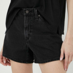 Levi's pantaloni scurti jeans femei, culoarea negru, neted, high waist