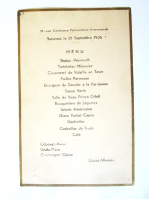 Rar! Meniu Capsa-Athenee a 21-a Conferinta Parlamentara Internationala 1936 foto