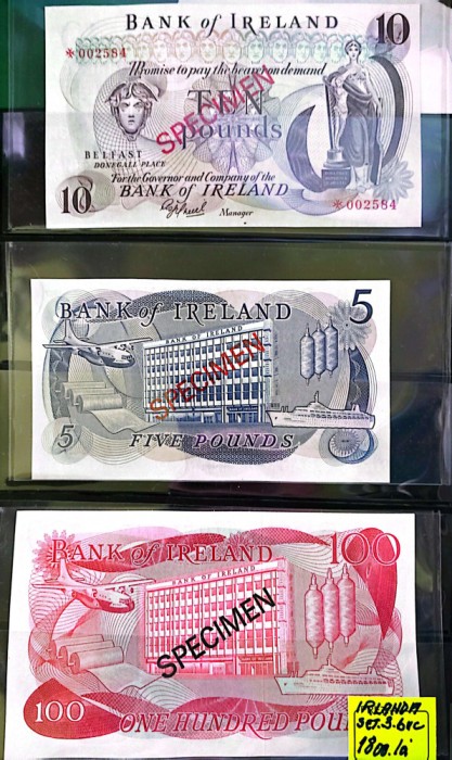 Set 3 bancnote de colectie 5 - 10 - 100 Pounds Irlanda SPECIMEN UNC