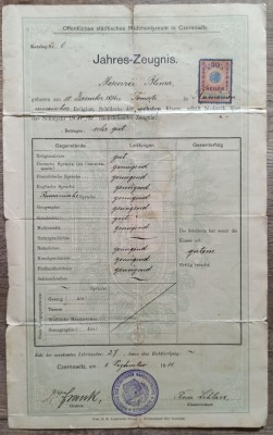 Situatia scolara a unei eleve evreice la Liceul Public de Fete Cernauti 1911 foto