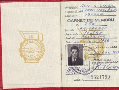 AMS @ - CARNET DE MEMBRU - UNIUNEA GENERALA A SINDICATELOR DIN ROMANIA, 1968, SALCEA, SUCEAVA foto