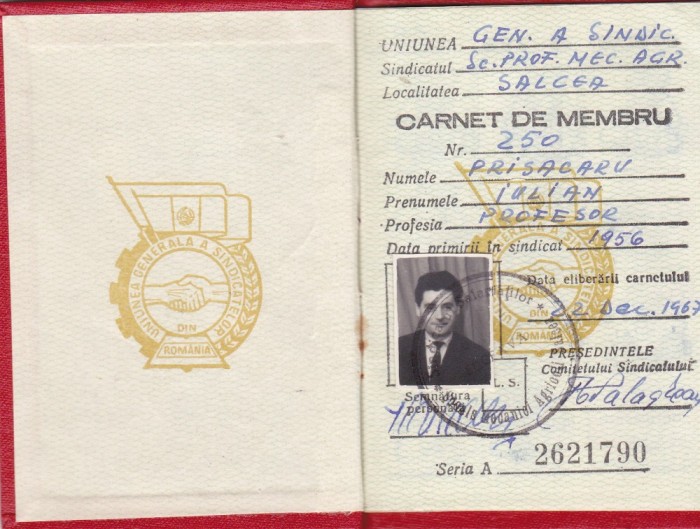 AMS @ - CARNET DE MEMBRU - UNIUNEA GENERALA A SINDICATELOR DIN ROMANIA, 1968, SALCEA, SUCEAVA