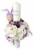 Lumanare botez, 40 cm, fetita, Eventissimi, cu flori si somnoros, alb mov