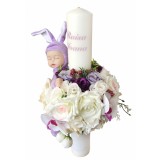 Lumanare botez, 40 cm, fetita, Eventissimi, cu flori si somnoros, alb mov