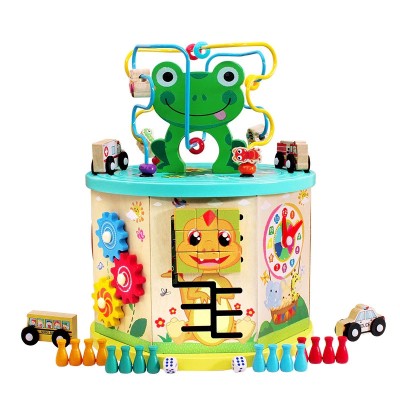 Cub educativ din lemn Montessori 9 Activitati, Ceas, Puzzle, Labirinturi, Circuit, masinute, 31 x 23.5 cm foto