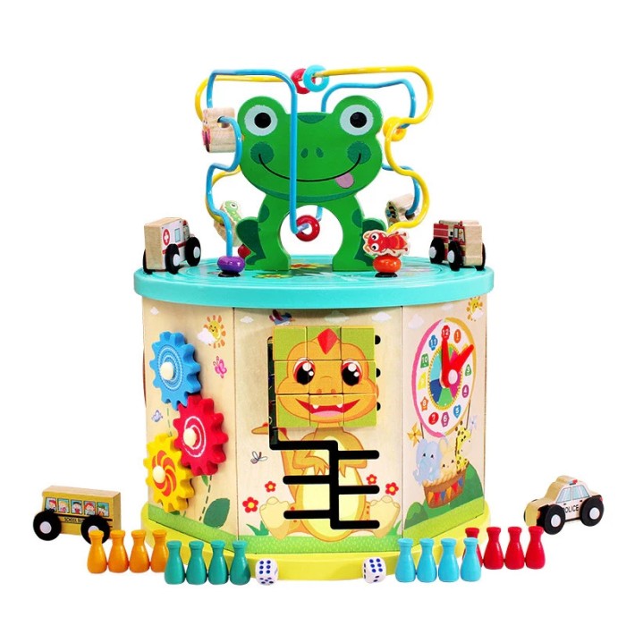 Cub educativ din lemn Montessori 9 Activitati, Ceas, Puzzle, Labirinturi, Circuit, masinute, 31 x 23.5 cm