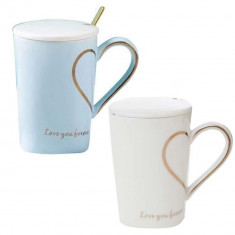 Set 2 cani cu capac din ceramica si lingurita Pufo Love you Sweetheart pentru cafea sau ceai, 350 ml, alb/albastru