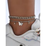 Cumpara ieftin Bratara de Picior Dubla, Argintie cu Fluturi - 397197