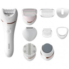 Epilator umed și uscat Philips BRE740/10, 9 accesorii, 32 pensete, utilizare fara fir, 2 setari viteza, opti-light, discuri ceramice, Argintiu