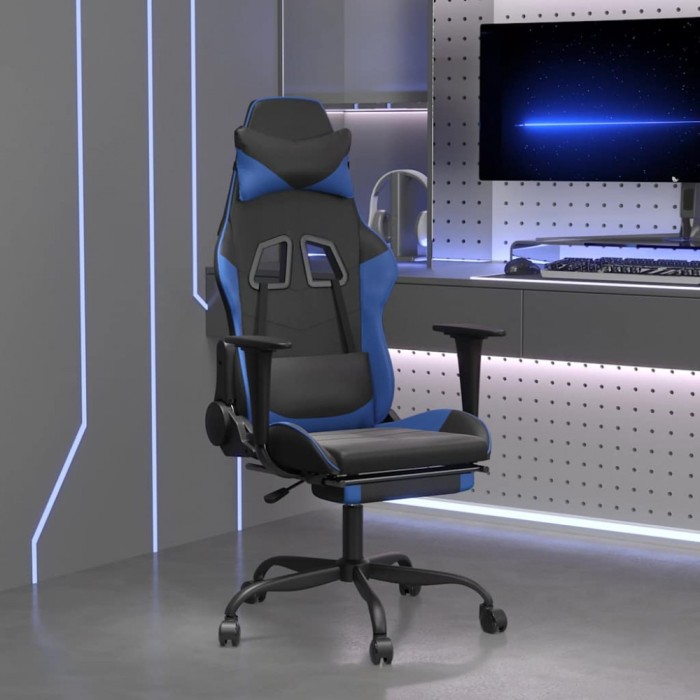 Scaun de gaming masaj/suport picioare negru&amp;albastru piele eco