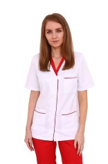 Halat medical alb cu paspol rosu, capse si trei buzunare aplicate L INTL foto