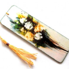 Semn de carte cu flori albe si galbene, semn de carte pe lemn 41322