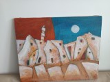HARRY GUTTMAN, PICTURA &rdquo;CITADINA&rdquo;-ULEI PE PANZA FIXATA PE CADRU DE LEMN, SEMNATA, Abstract, Avangardism