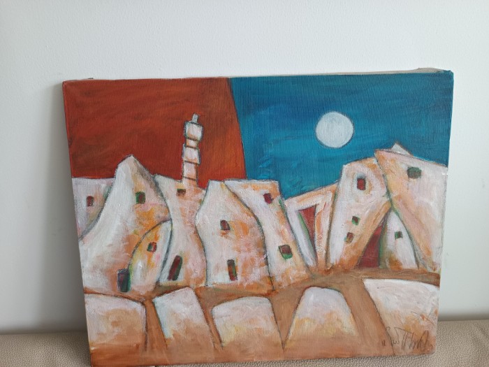 HARRY GUTTMAN, PICTURA &rdquo;CITADINA&rdquo;-ULEI PE PANZA FIXATA PE CADRU DE LEMN, SEMNATA