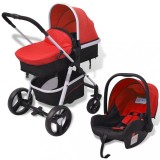 Carucior copii 3 in 1 vidaXL, rosu/negru, aluminiu, pliabil, landou si scaun auto inclus