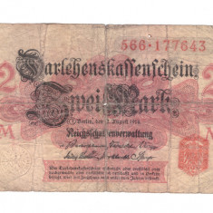 Bancnota Germania 2 mark/marci august 1914, circulata, uzata