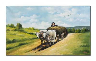 Tablou Car cu boi pictat manual, 100x60cm ulei pe panza, reproducere Nicole Grigorescu foto