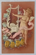 CARTE POSTALA FELICITARE DE PASTE , CU AMORAS , SI OUA AURITE , EMBOSATA , CLASICA foto