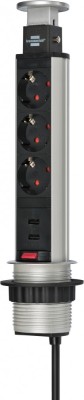 Prelungitor incorporabil Brennenstuhl 3 prize, 2xUSB, retractabil pentru blat de bucatarie sau birou, cablu 2 M foto