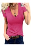 Tricou de damă cu guler &icirc;n V, m&acirc;neci scurte, cămașă de vară, bluză simplă casual, roz