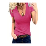 Tricou de damă cu guler &icirc;n V, m&acirc;neci scurte, cămașă de vară, bluză simplă casual, roz